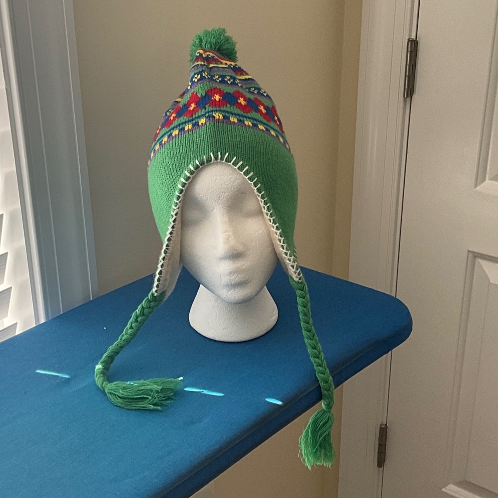 Green Knit Pom Pom Beanie with Ear Flaps